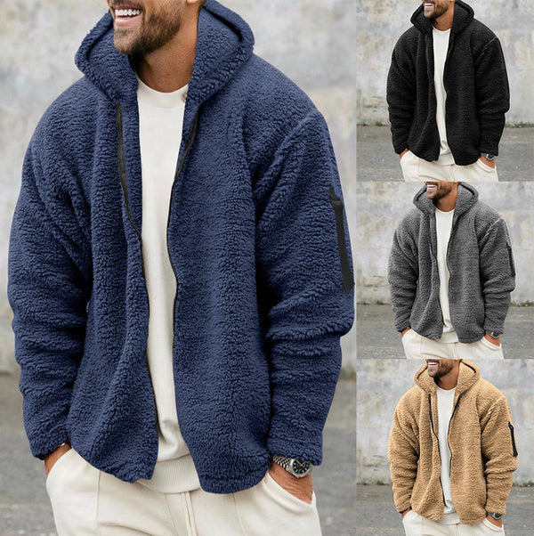 Hooded Jacket For Men's Winter Fleece Double-sided Wear Warm Coat With Zipper