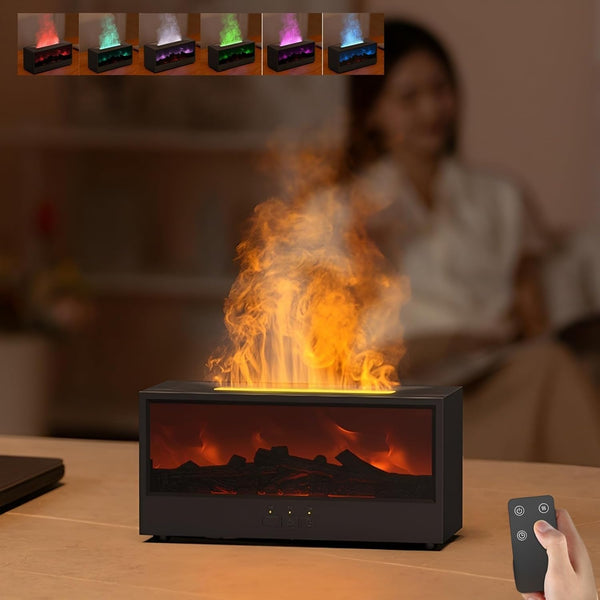 Humidifier 3D Flame Fireplace Machine Fireplace Aromatherapy Diffuser – 150ml Ultrasonic Cool Mist Humidifier with 7-Color Flame Light, Timer & Remote (Black)